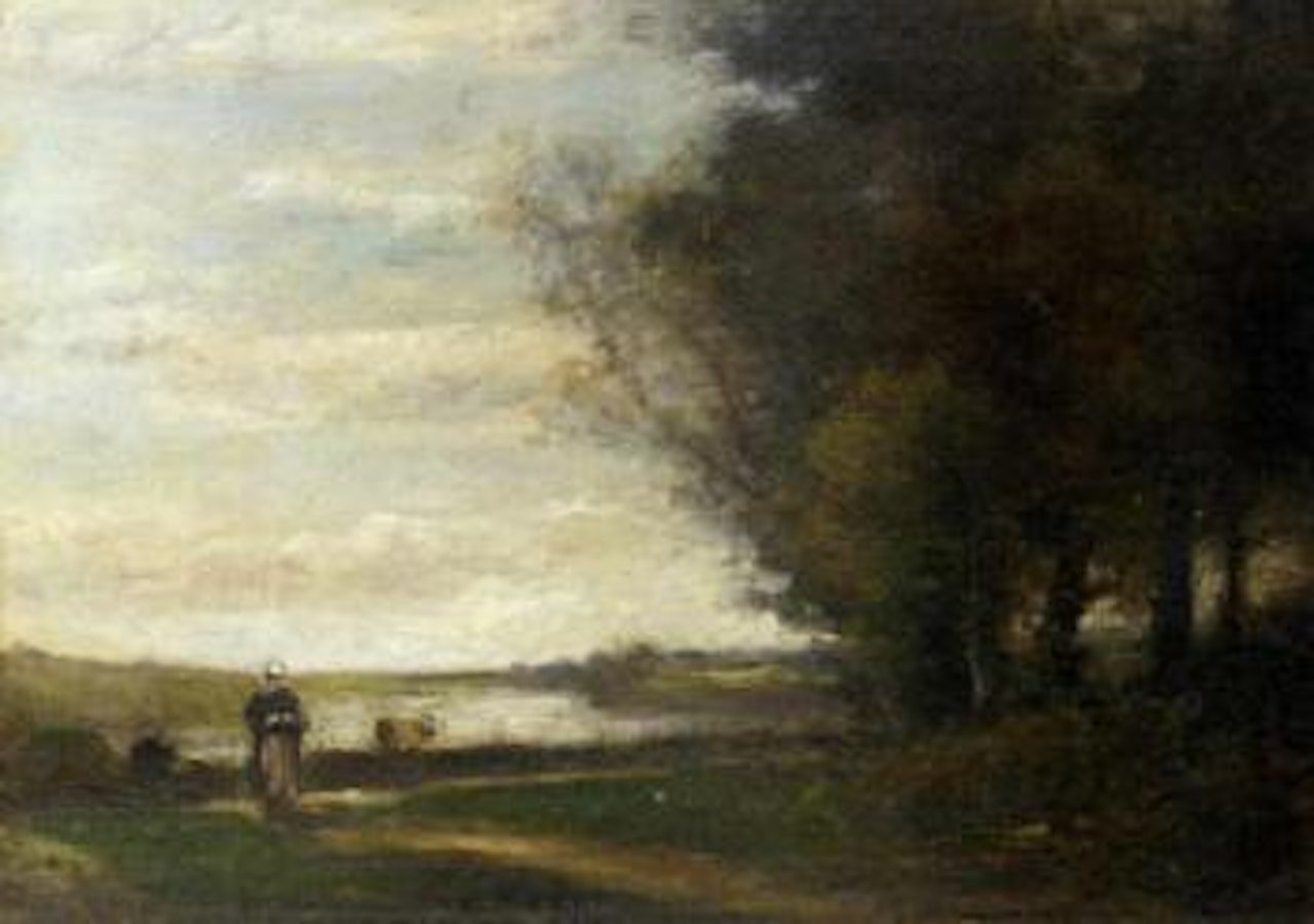Woman on a track in a river landscape by Julien Dupré