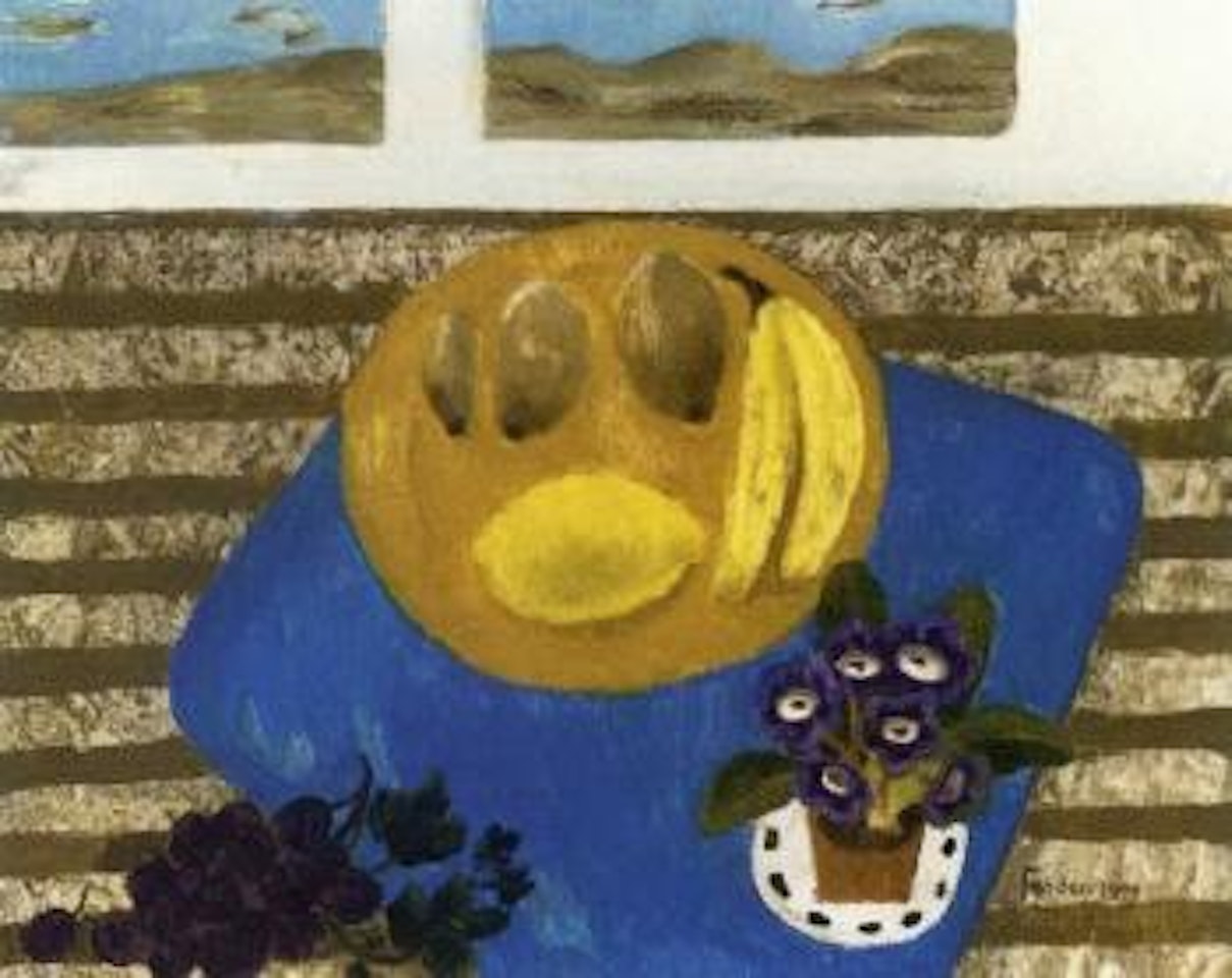 Still life with fruit and primula by Mary Fedden