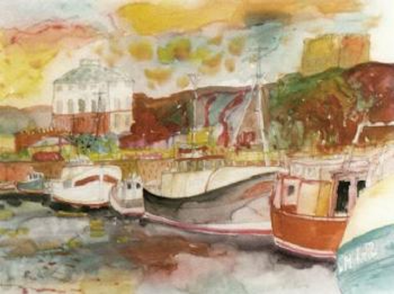 Fishing boats along the quay by John Bellany