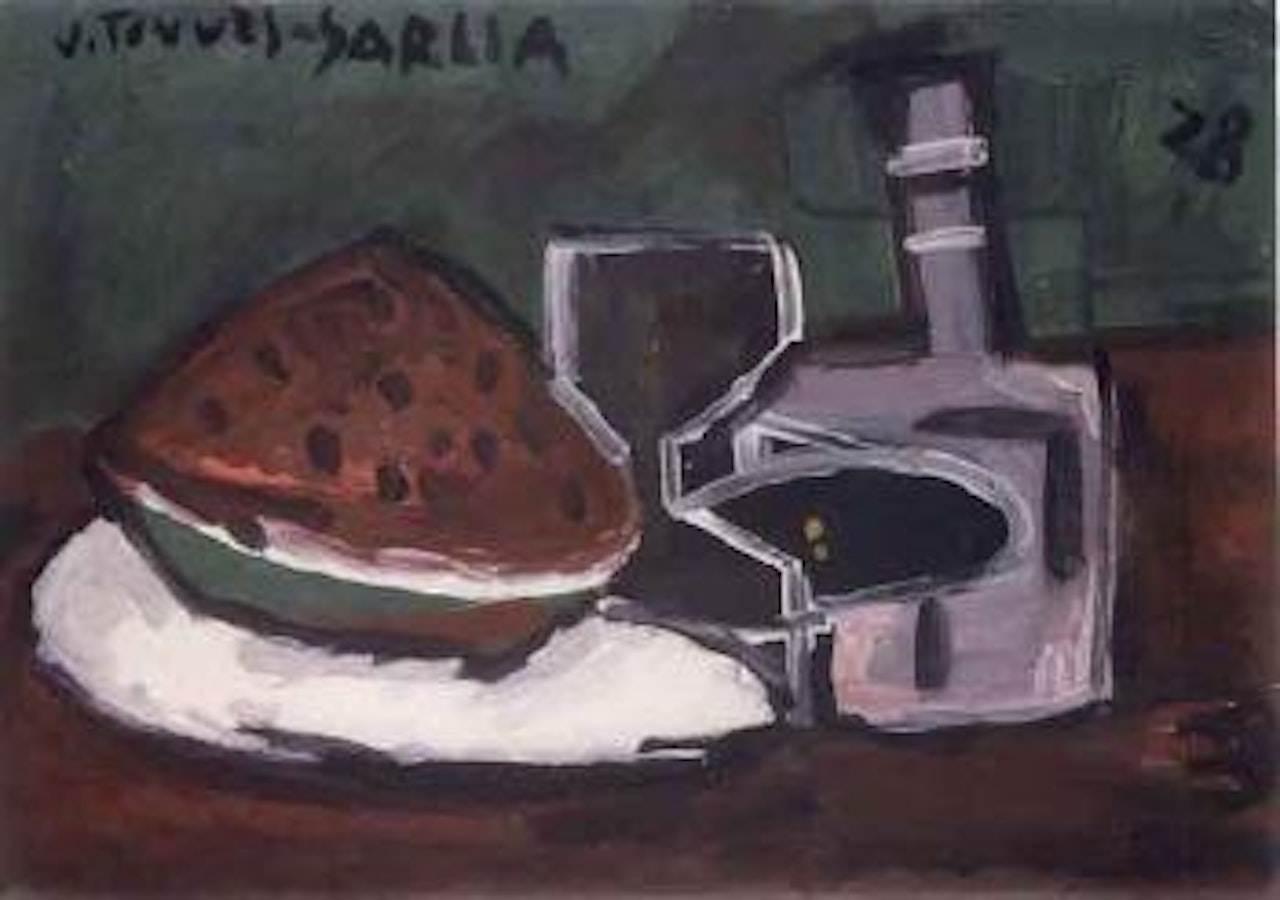 Still life with bottle and watermelon by Joaquín Torres-García