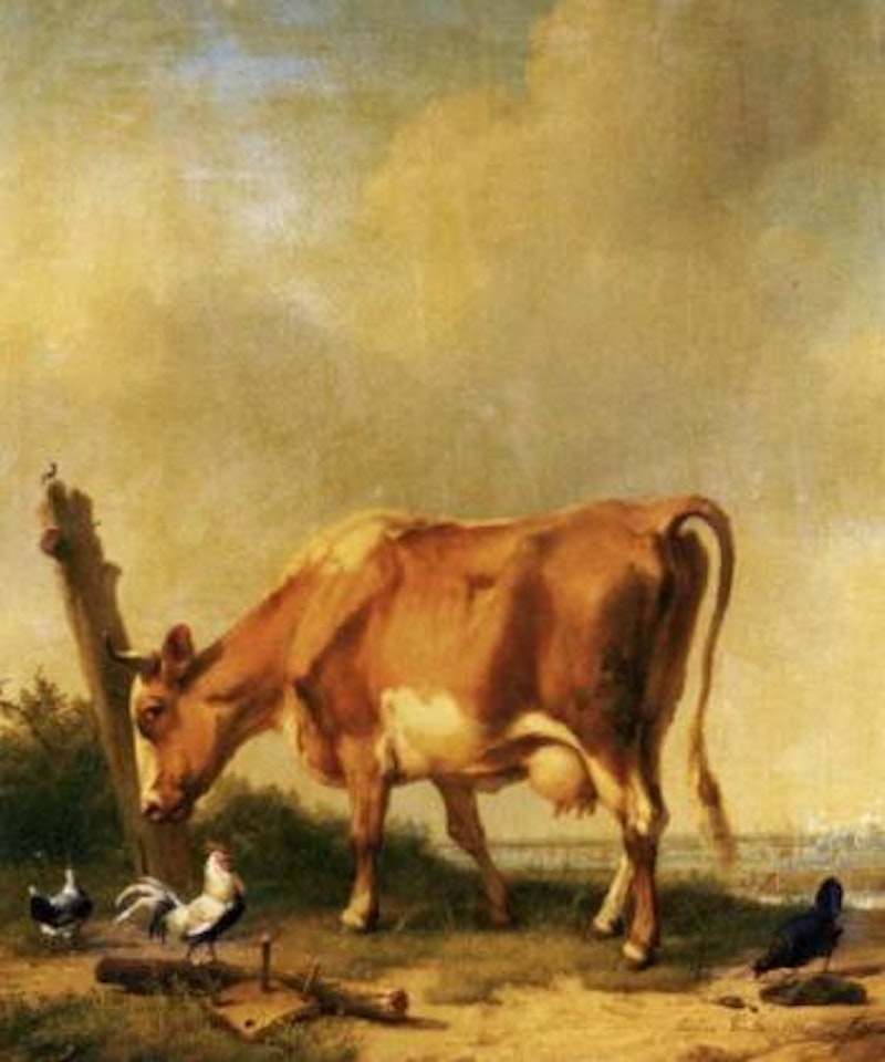 La vache rouge et blanche se frottant la tete contre un morceau de bois by Eugène Joseph Verboeckhoven