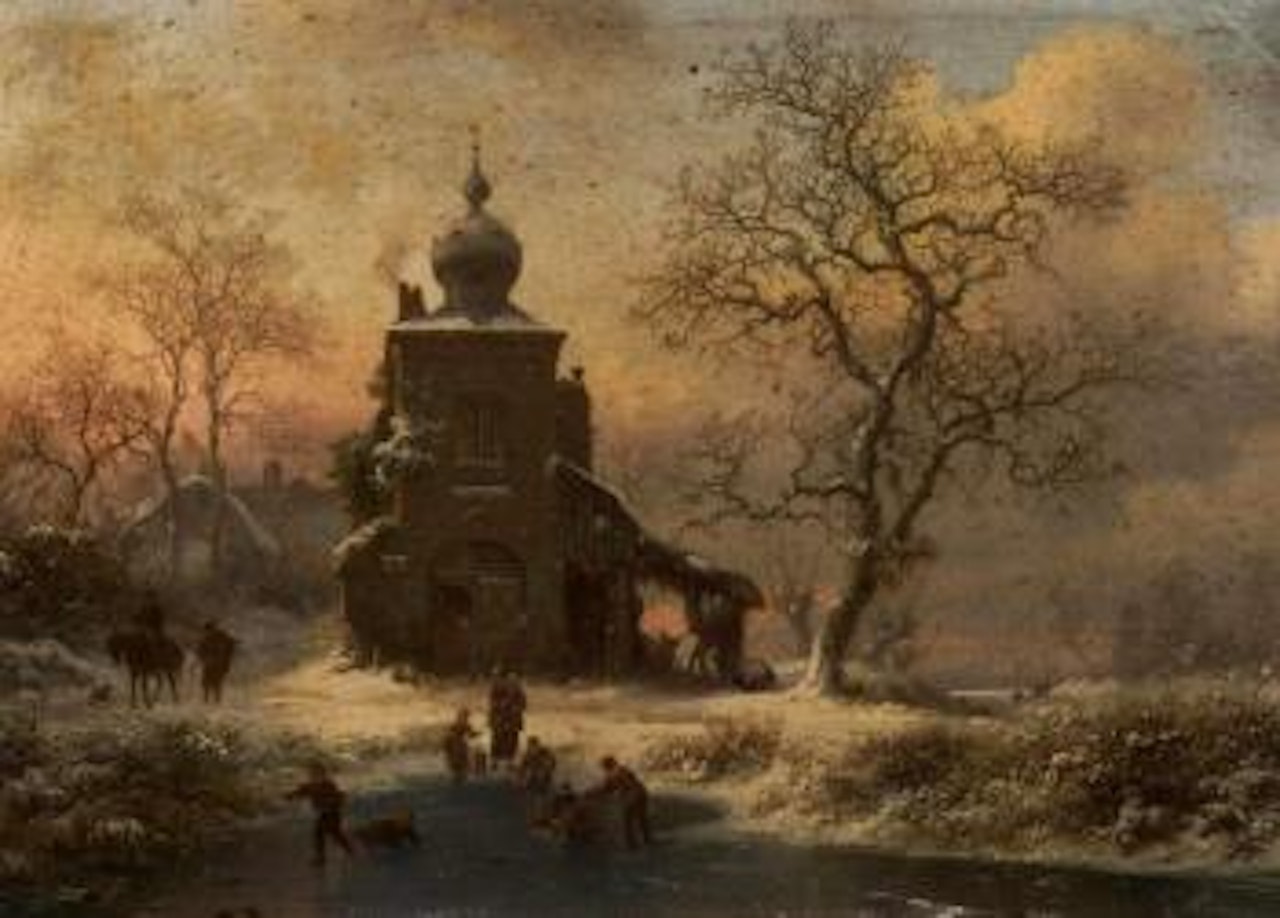Winterfun at sunset by a mansion by Fredrik Marinus Kruseman
