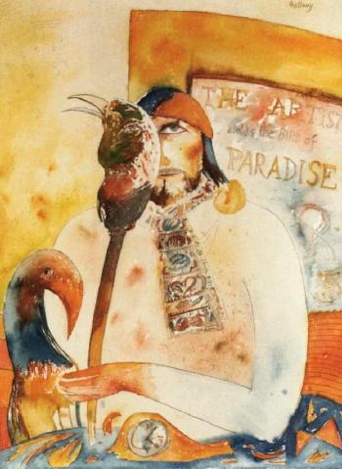 Artist holds the bird of Paradise by John Bellany