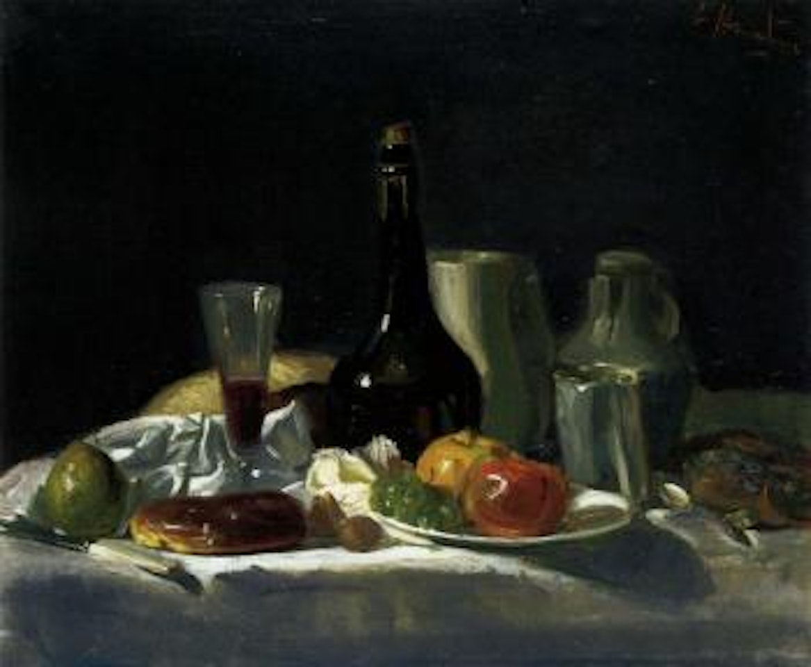 Still life with bottles and fruit by George Leslie Hunter