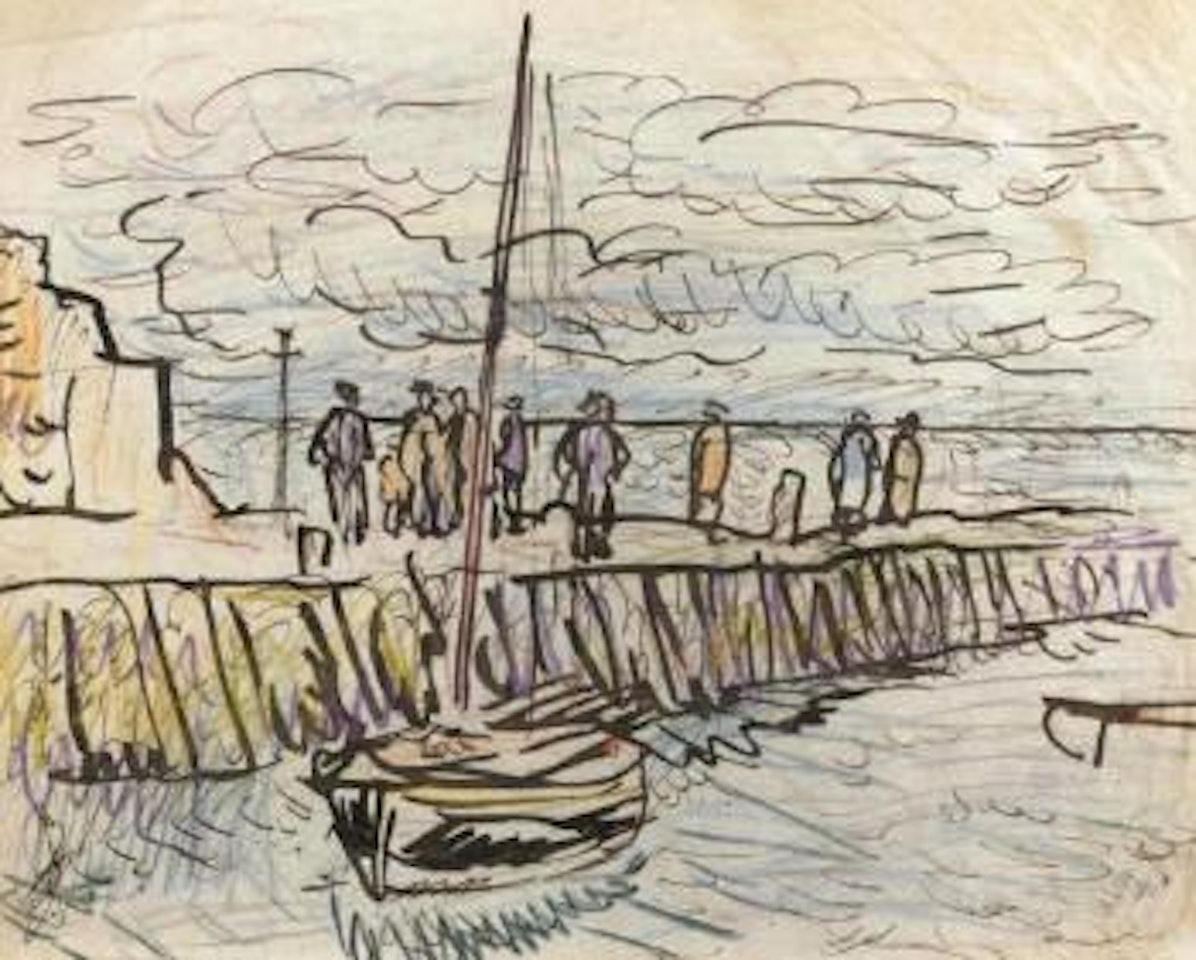 Largo Harbour with figures by George Leslie Hunter