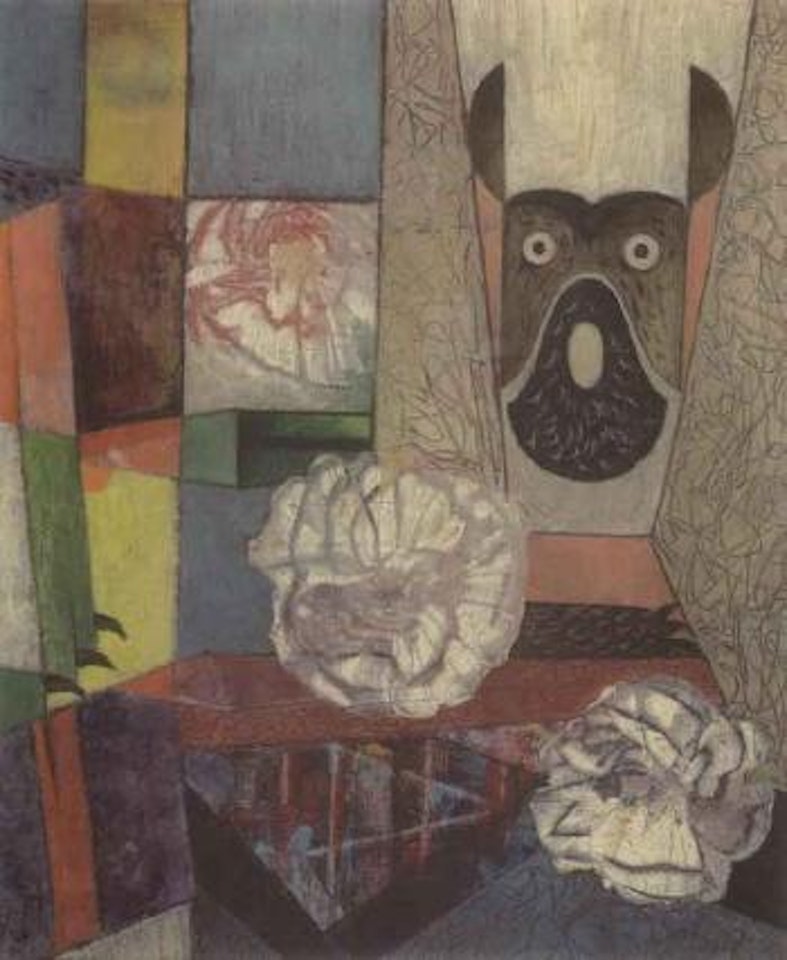 Window with flowers and dog by Max Ernst