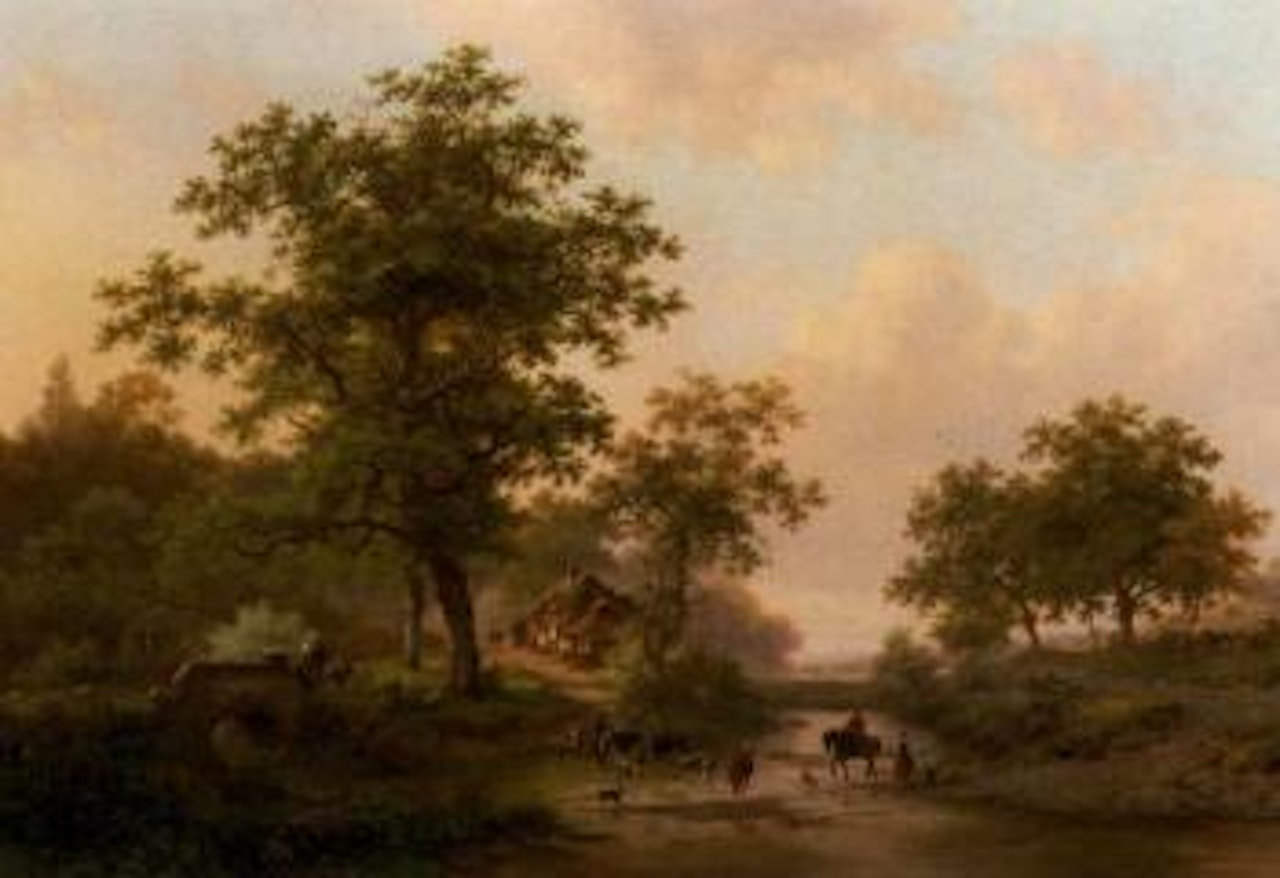 Cattle passing a ford in a wooded landscape in summer by Fredrik Marinus Kruseman