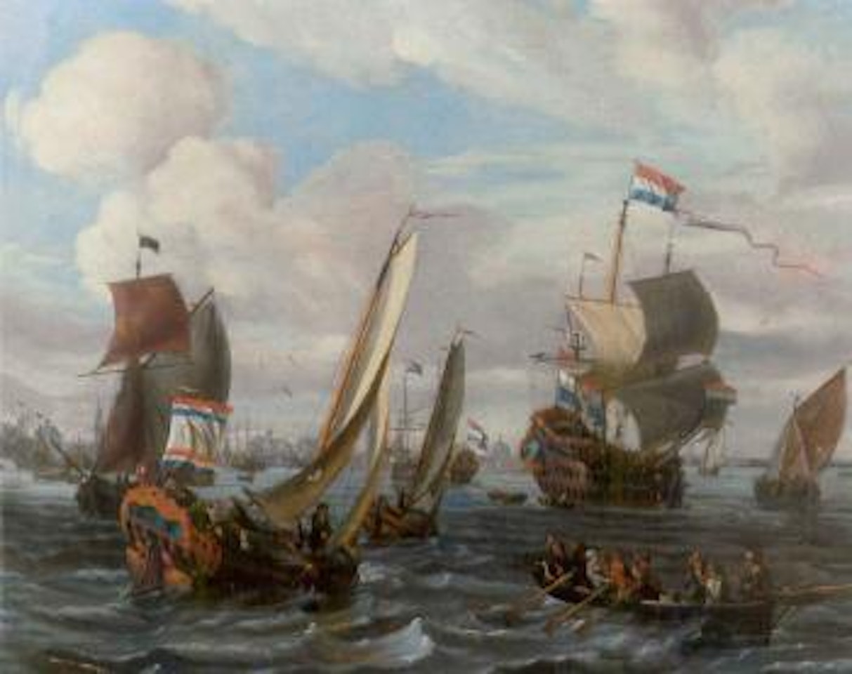 Dutch ships sailing on the IJ, Amsterdam by Abraham Storck