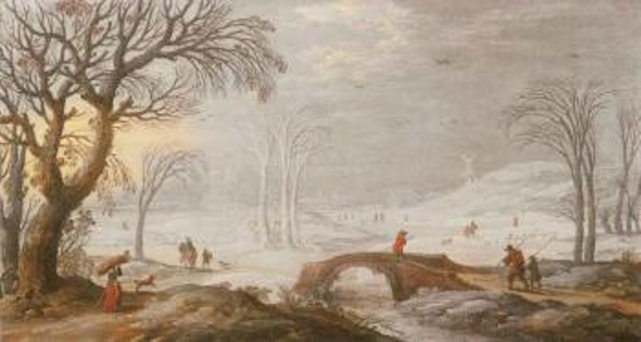 Winter landscape with travelers and peasants by a bridge by Joos de Momper the Younger