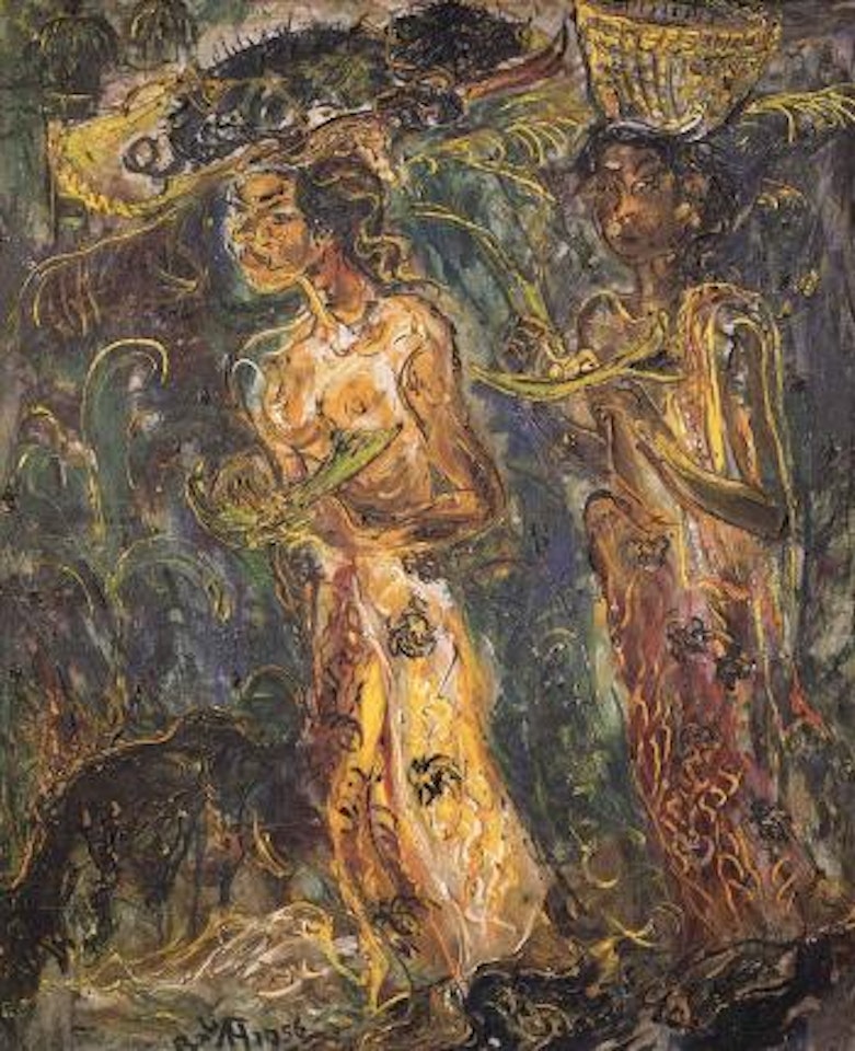 Two Balines girls with offerings by Affandi