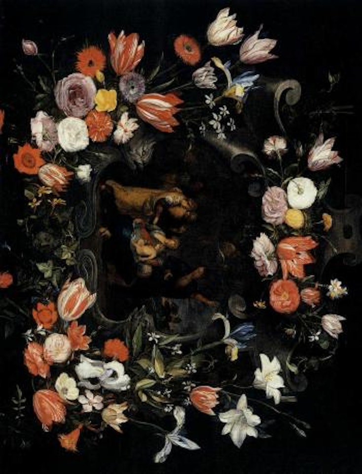 Still life of the Holy Kinship within a stone cartouche adorned by garlands of flowers by Jan Brueghel the Younger