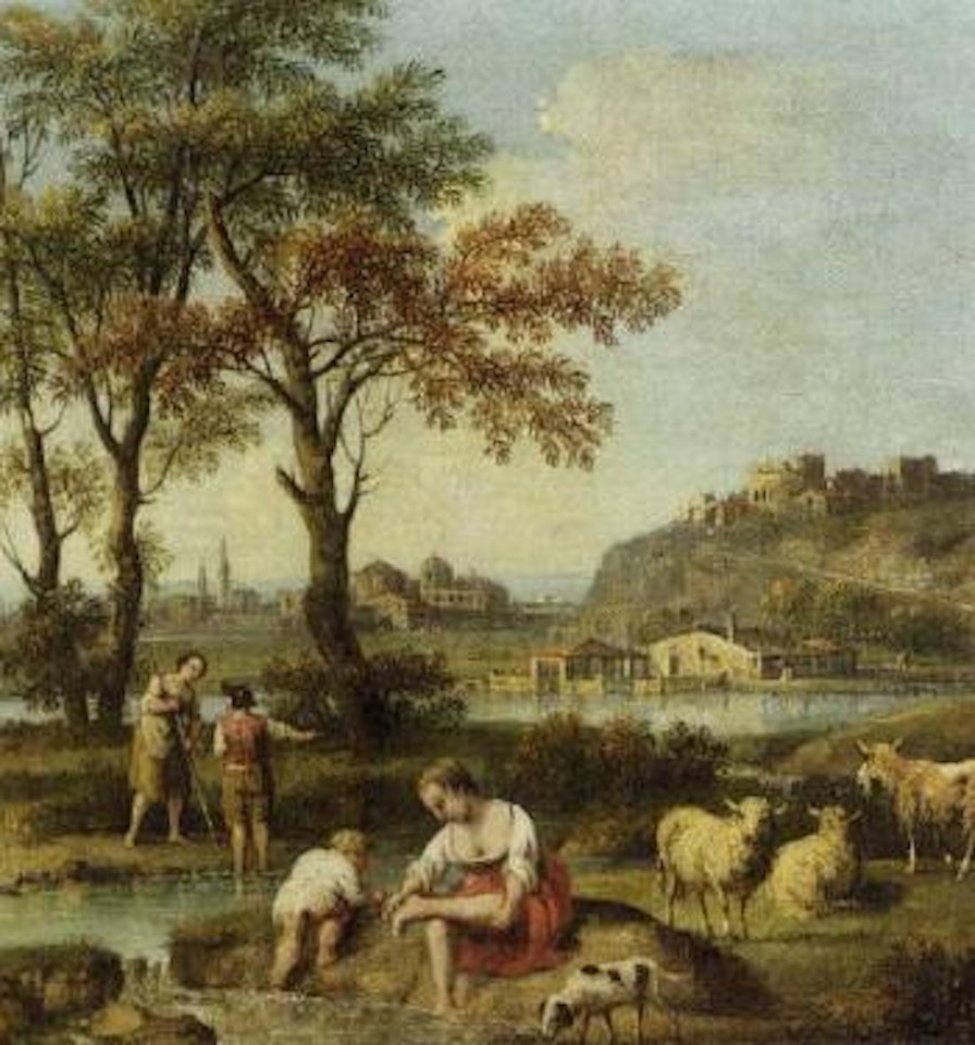 Italianate landscape with figures washing in a river by Giovanni Battista Cimaroli