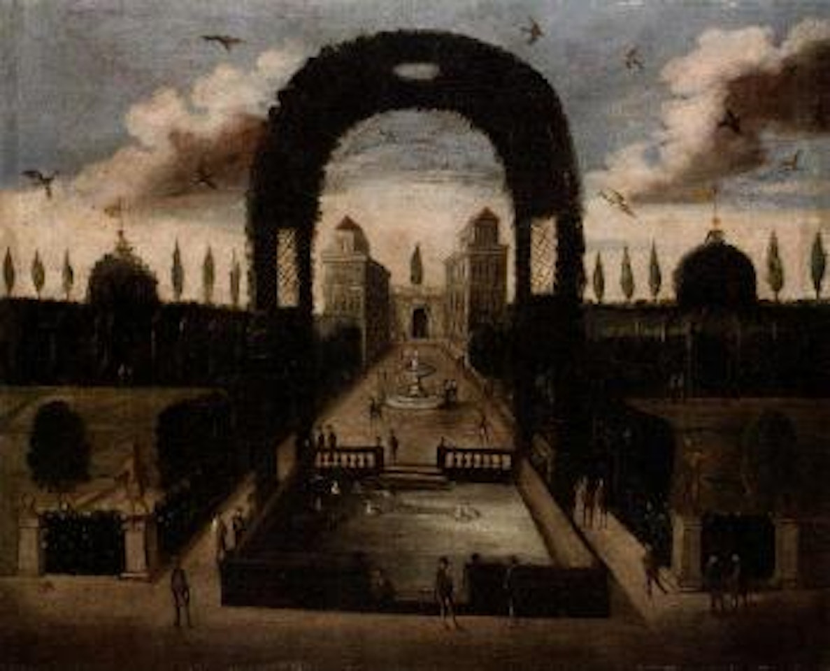 Classical palace with a fountain and duck pond. Classical palace with an ornamental rose garden by Italian School