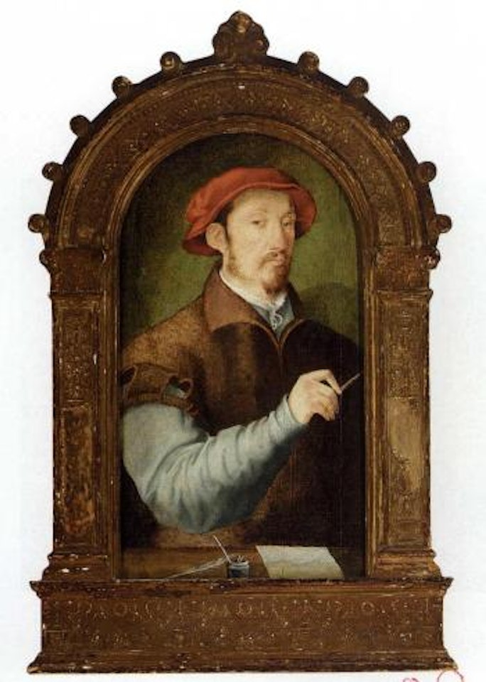 Portrait of a gentleman waering a brown coat, red cap holing a quill by Netherlandish School