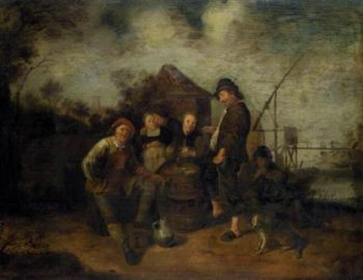 River landscape with Boors smoking and drinking outside a cottage by Jan Miense Molenaer