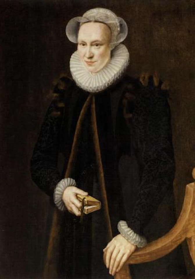 Portrait of a lady wearing a black coat and white ruff, holding a book by Adriaen Thomas Key
