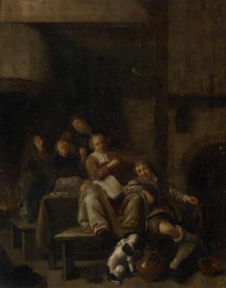 Tavern interior with a peasant woman playing the violin and other peasants singing by Jan Miense Molenaer