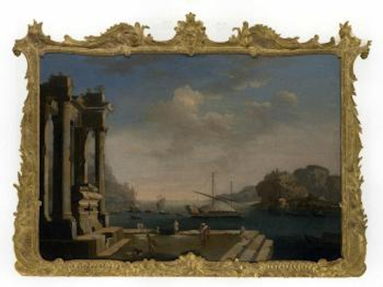 Mediterranean harbour with shipping and figures on a quay by a ruined classical temple by Gennaro Greco