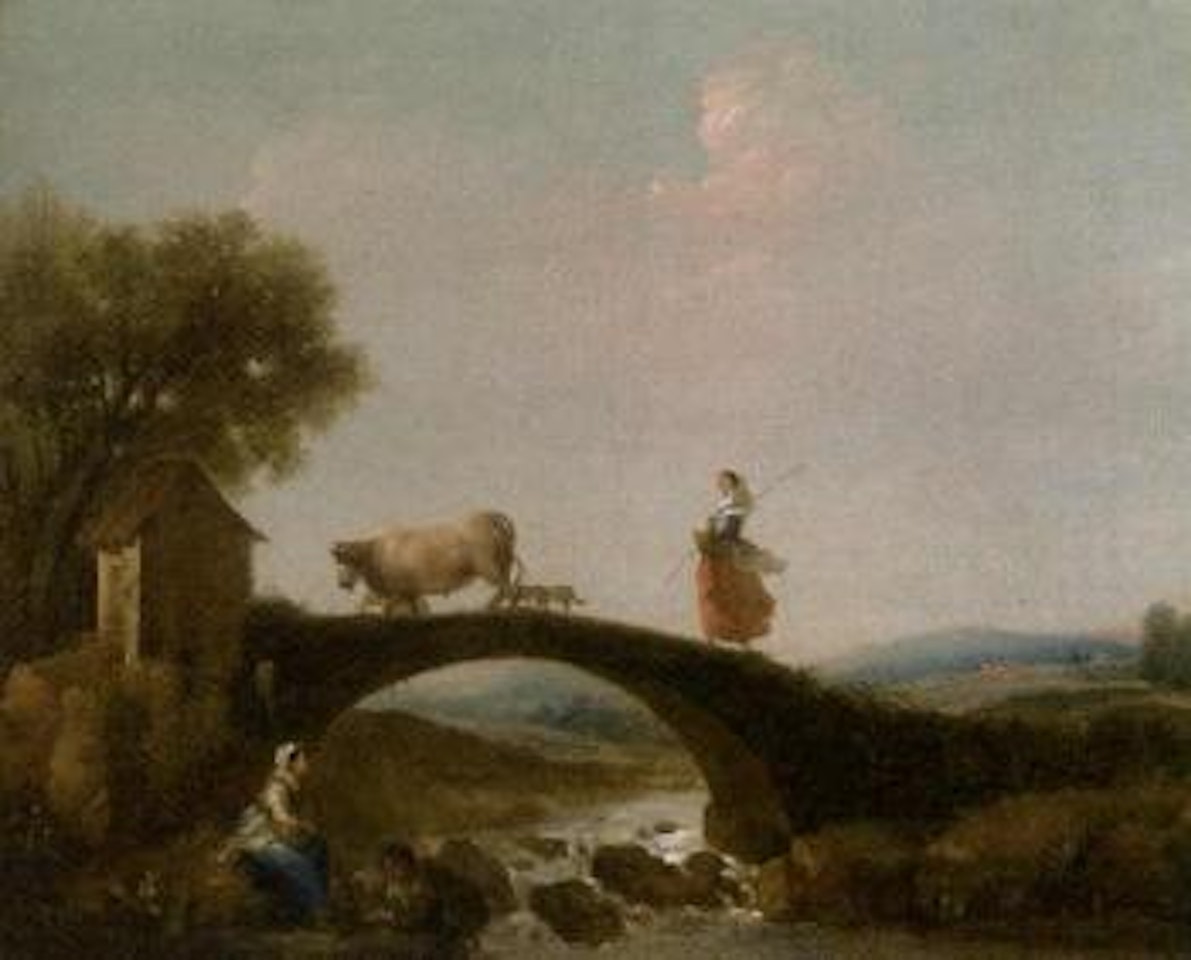 River landscape with a girl walking over a bridge, anglers beneath by Francesco Zuccarelli