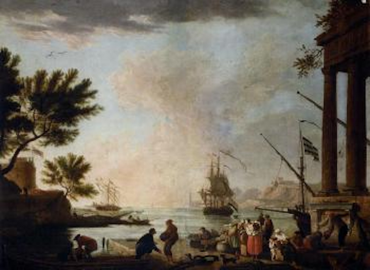 Southern harbour scene with figures loading a boat in the foreground by Claude Joseph Vernet