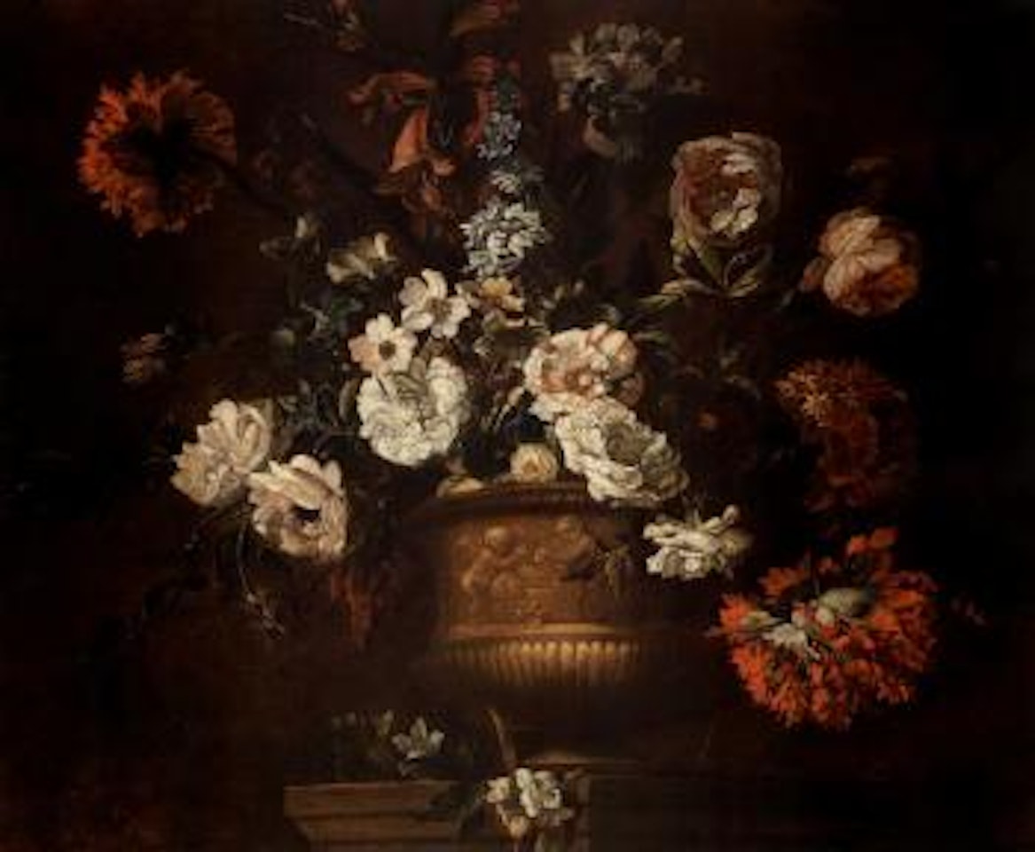 Roses, delphiniums and other flowers in a sculpted urn on a stone ledge by Jean Baptiste Monnoyer