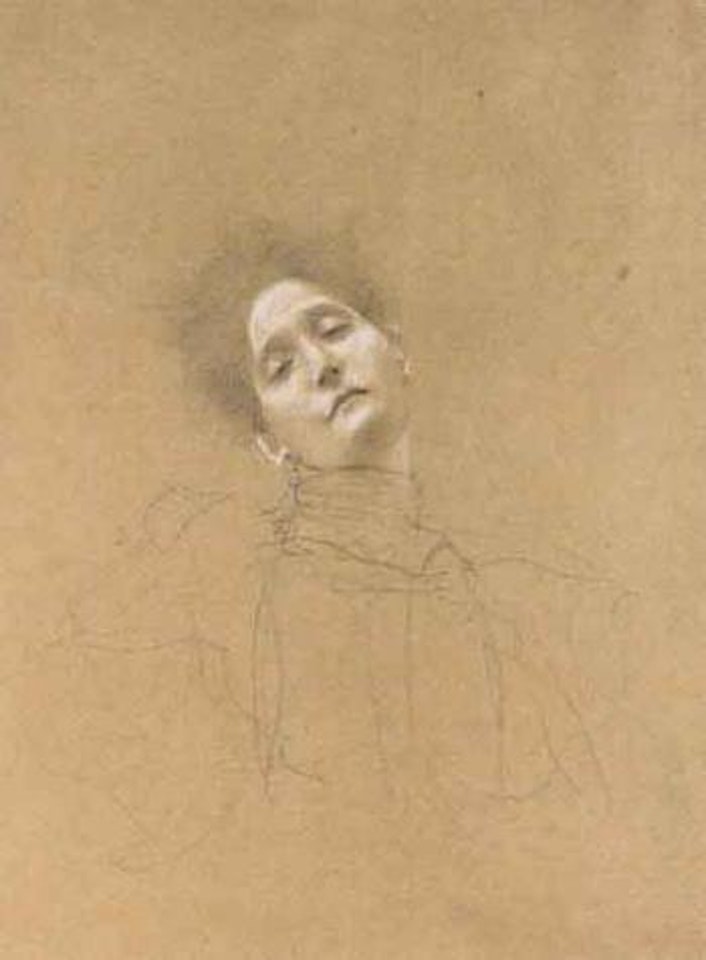 Brustbild einer jungen frau mit nach links geneigtem kopf - girl with her head turned left by Gustav Klimt