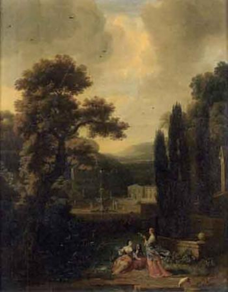 Paysage au chateau avec personnages au premier plan by Dutch School