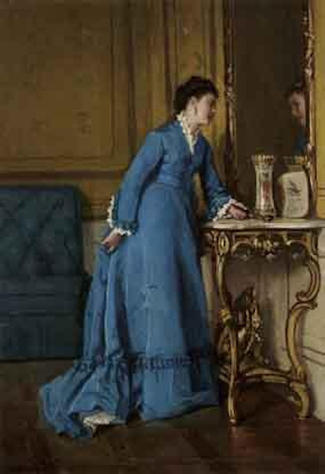 Bourgeois interior with noble lady at a mirror by Frans de Beul