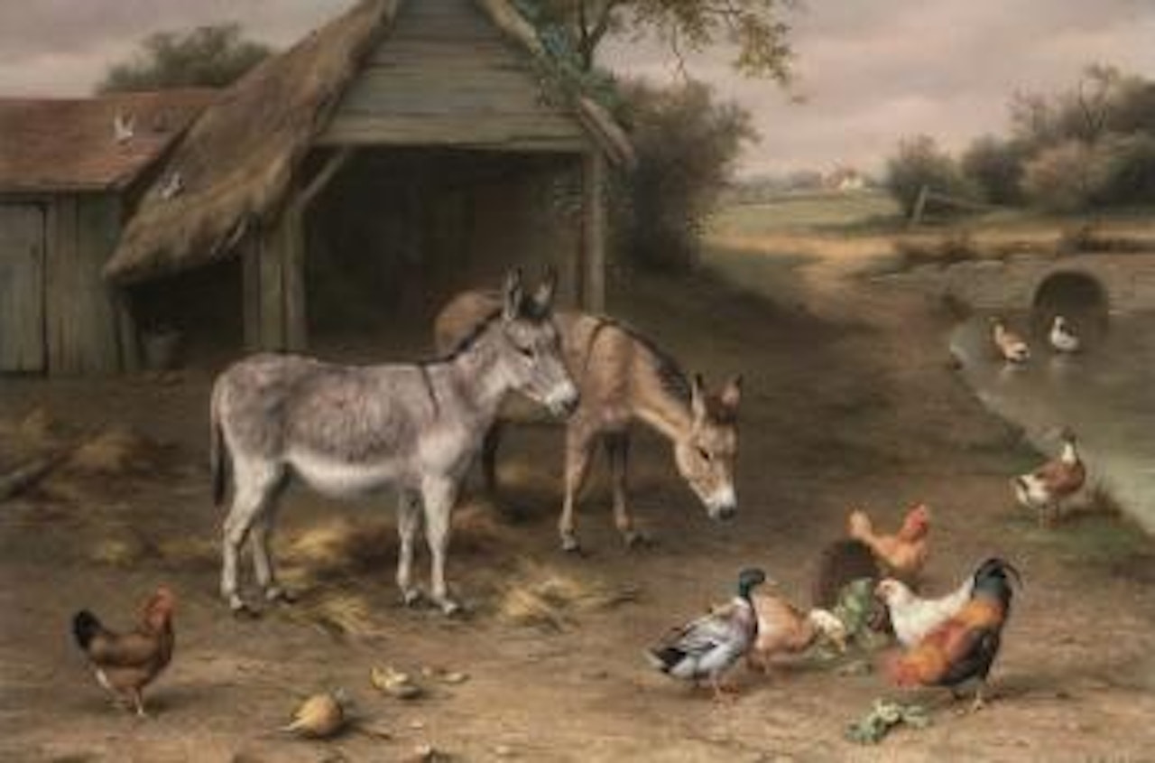 Farmyard scene with donkeys and poultry by Edgar Hunt
