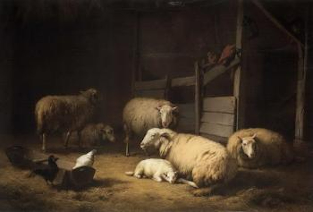 Sheep in a stable interior by Eugène Joseph Verboeckhoven
