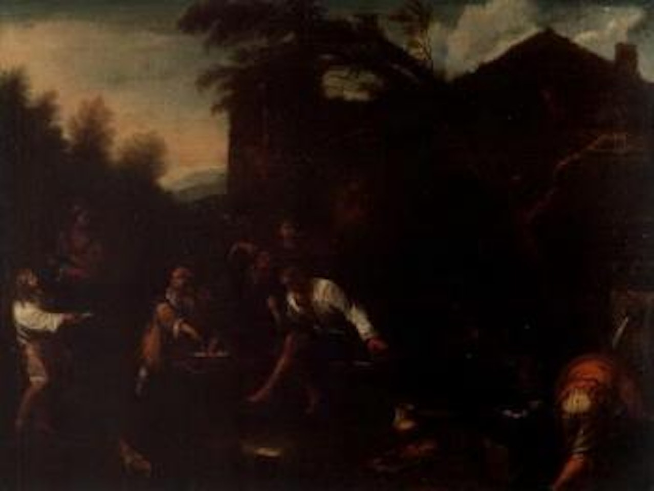 Peasants feasting outside a tavern with a beggar woman, her baby and son by Theodor Helmbreker