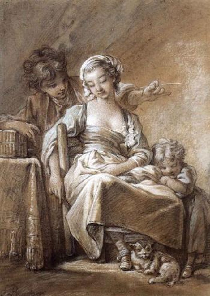 Jeune homme chatouillant jeune fille assoupie by Francois Boucher