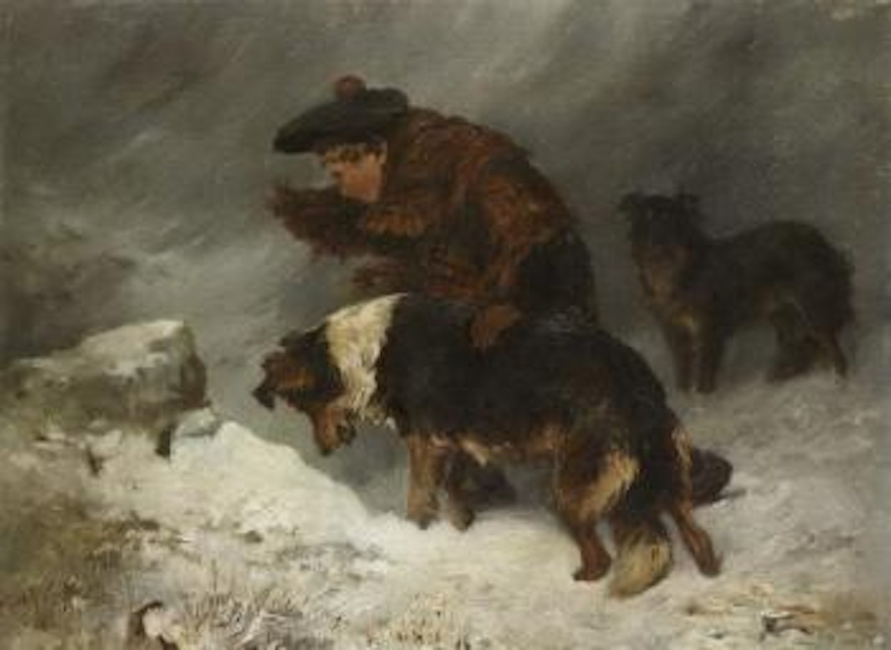 Highland lad with collies in the snow by John Emms