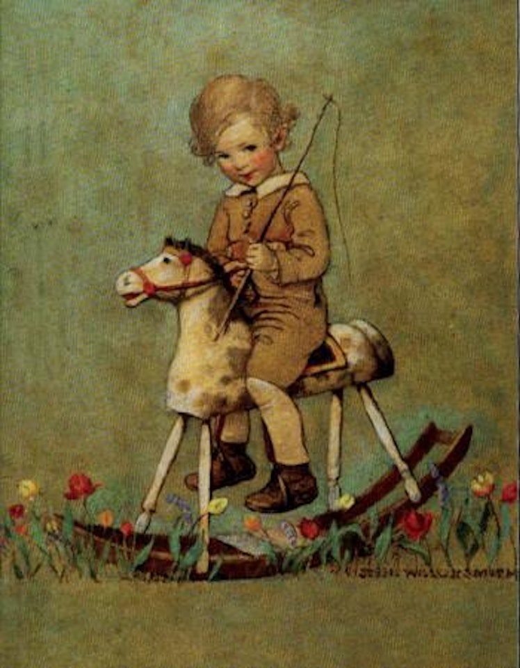 Boy sitting on a hobby horse by Jessie Willcox Smith
