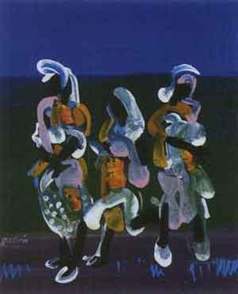 Three figures with a blue sky by Walter Battiss