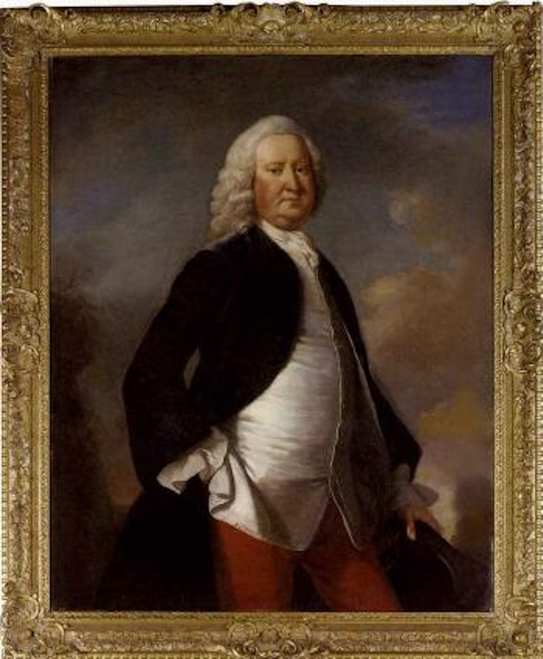 Portrait of Sir Watkin William Wynn, 3rd Bt. wearing dark blue coat and red trousers by Thomas Hudson
