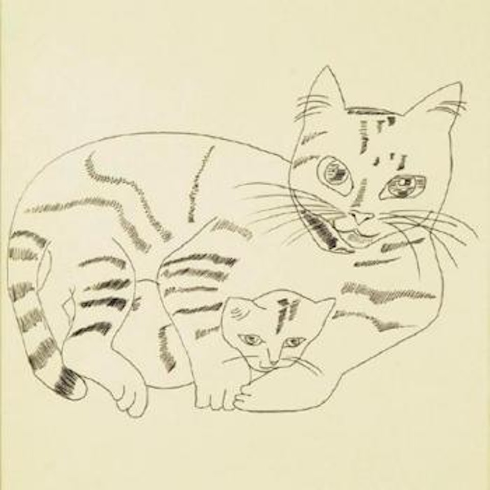 Reclining cat and kitten by Andy Warhol