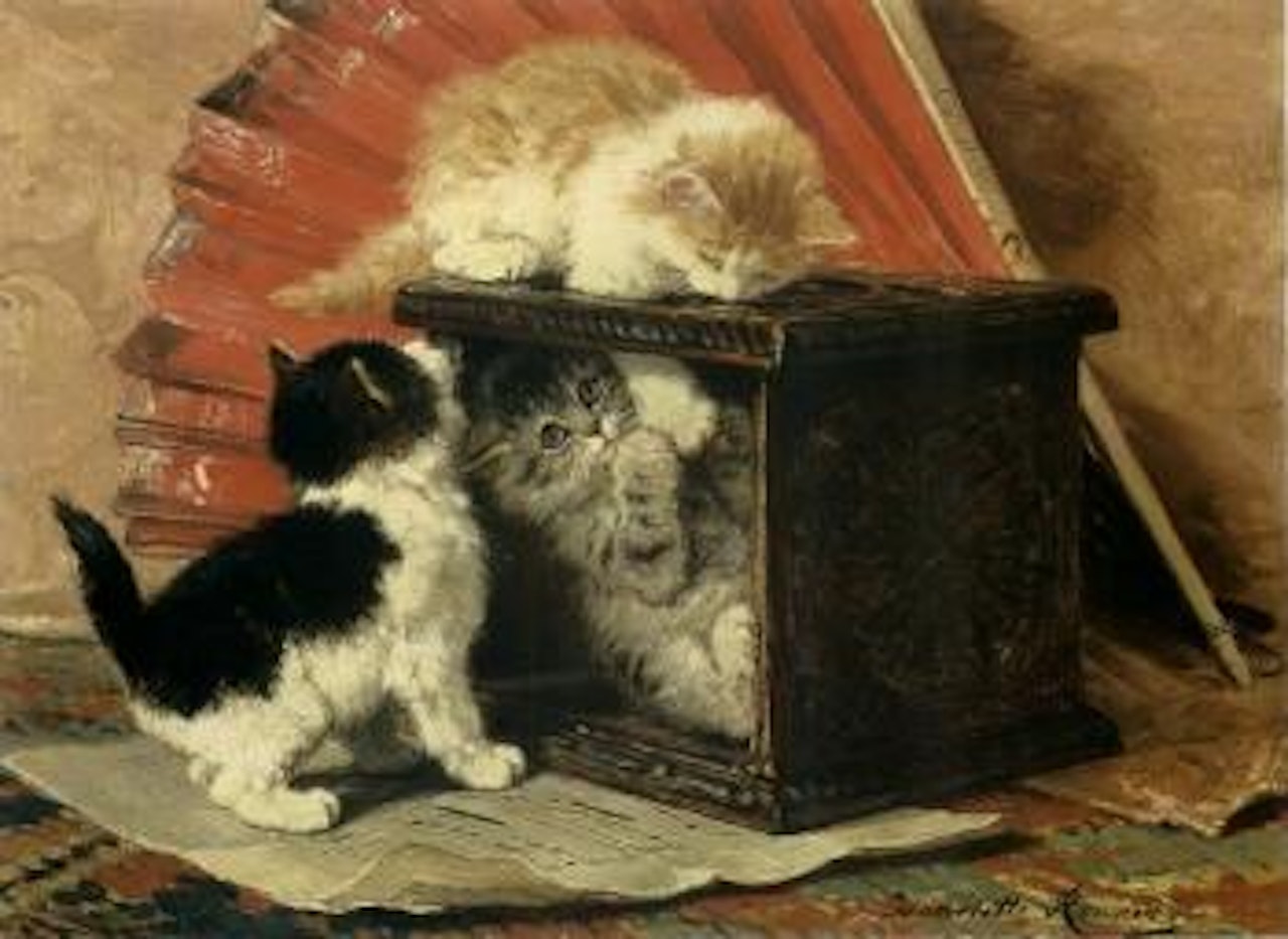 Three kittens playing by a stove by Henriette Ronner-Knip