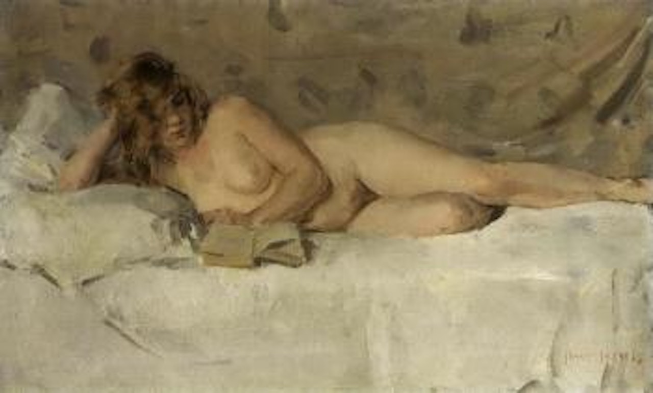 Reclining female nude reading by Isaac Israels