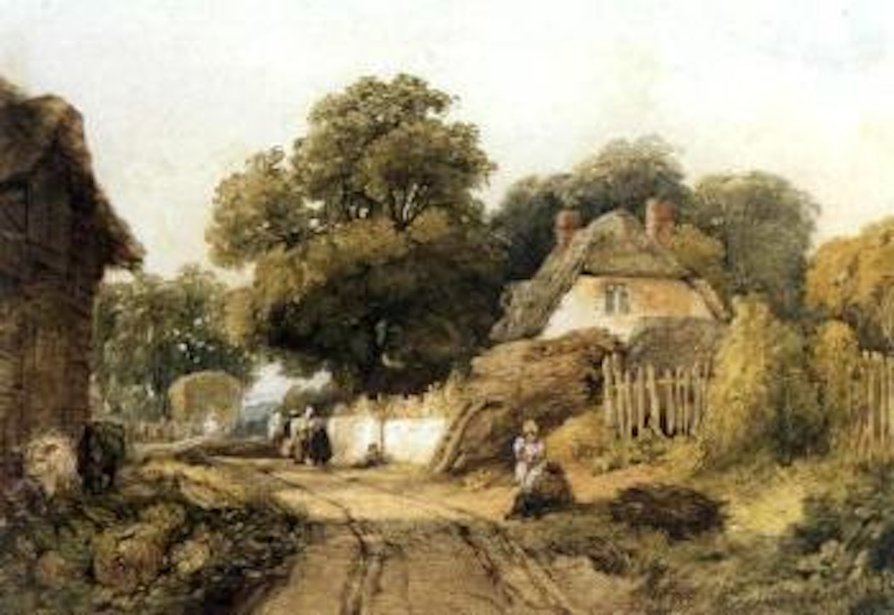 Harvesters in a country village by Edward Duncan