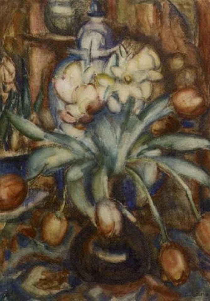 Still life with tulips and daffodils in a vase by Leo Gestel