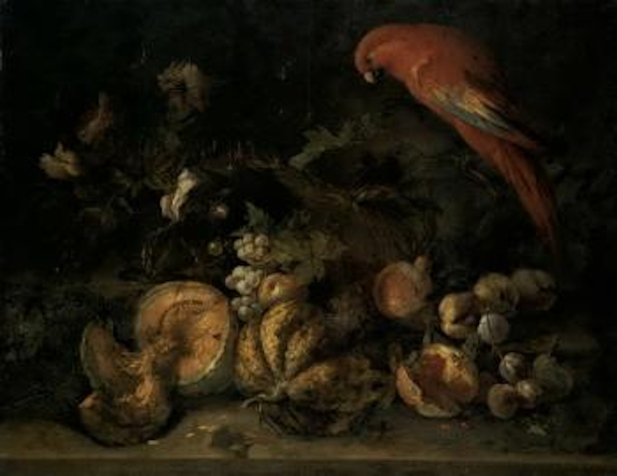 Still life of fruits and flowers in a glass vase, with a scarlet macaw by Roman School