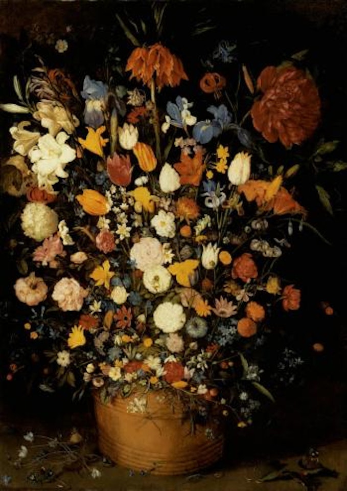 Still life of roses, tulips and other flowers in a wooden tub by Jan Brueghel the Younger