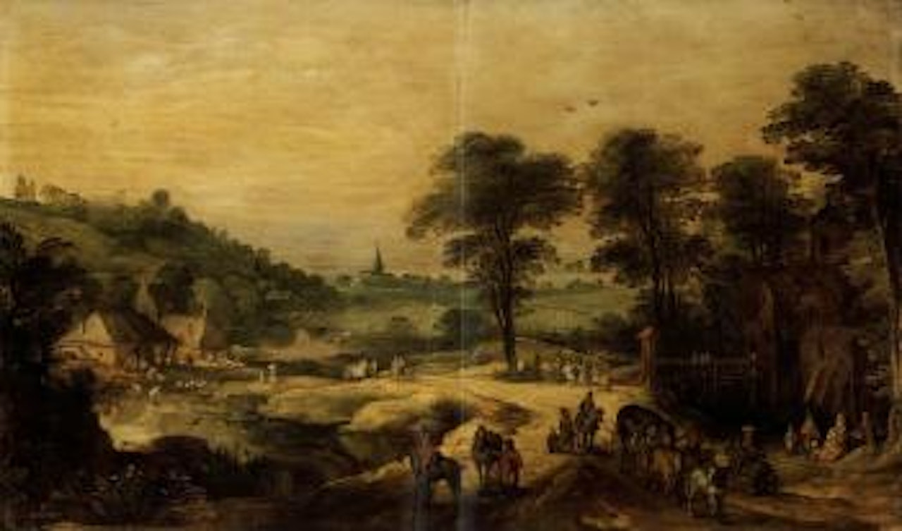 Extensive landscape with travellers on a road outside a chateau, village beyond by Joos de Momper the Younger