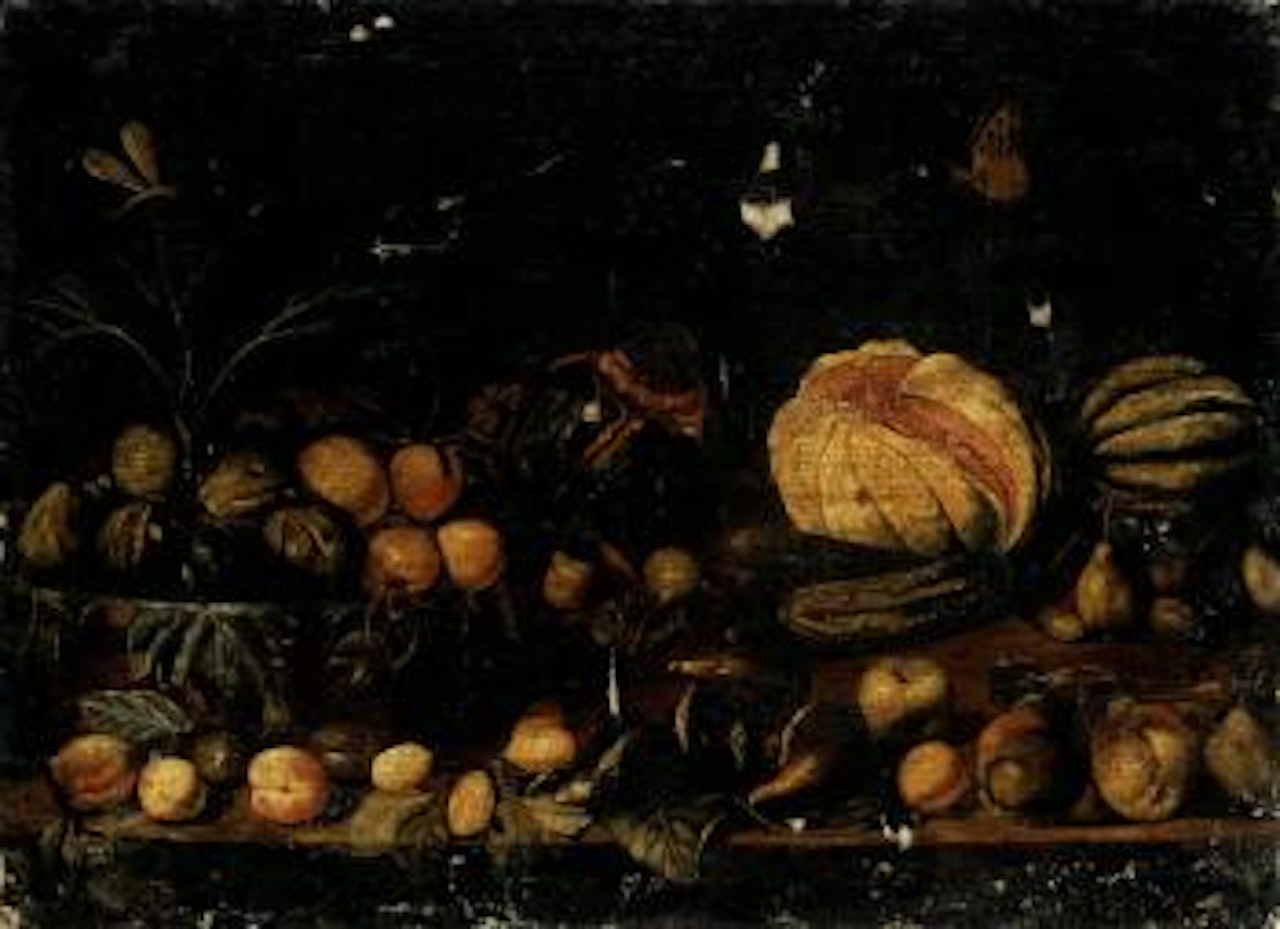 Still life of figs and apricots in a basket with various fruits on a ledge by Roman School