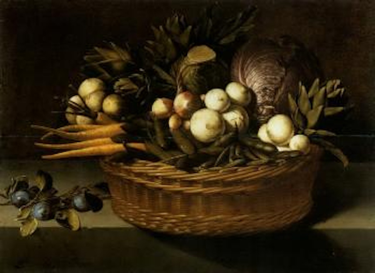 Still life with onions, peas and other vegetables in a wicker basket on a ledge by French School