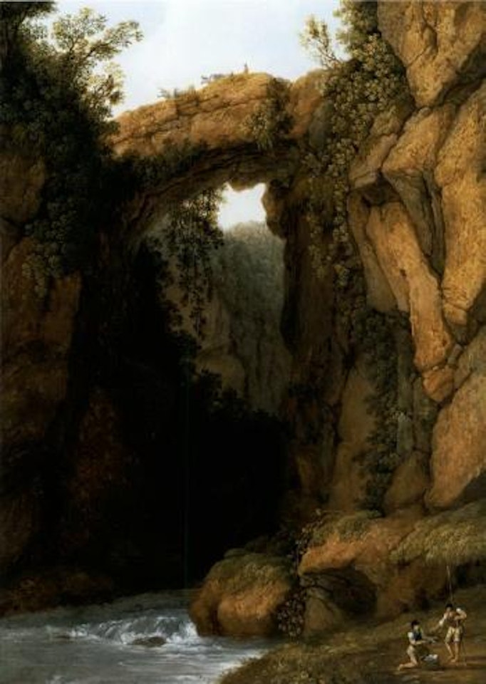 Figures beside a waterfall in a ravine below a rock bridge by Jacob Philipp Hackert