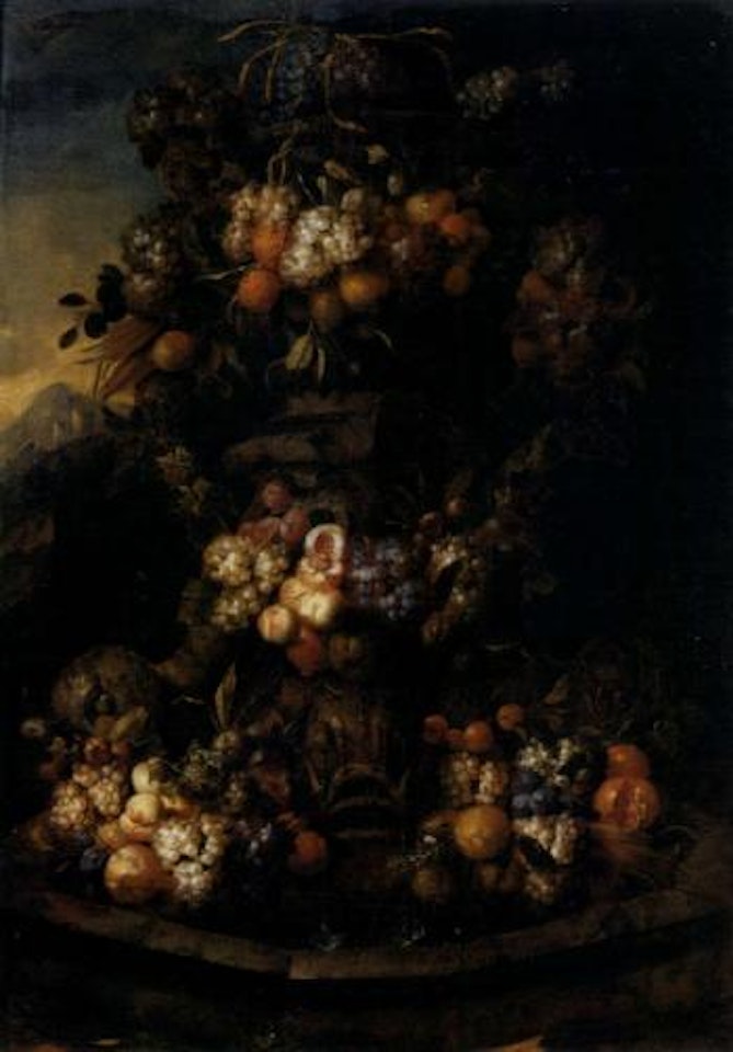 Still life of swags of fruit adorning a stone fountain by Jan Pauwel Gillemans