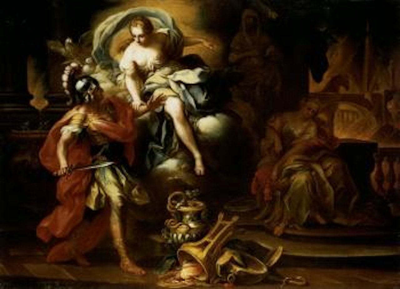 Venus appearing to Aeneas, urging him to escape from burning Troy by Roman School