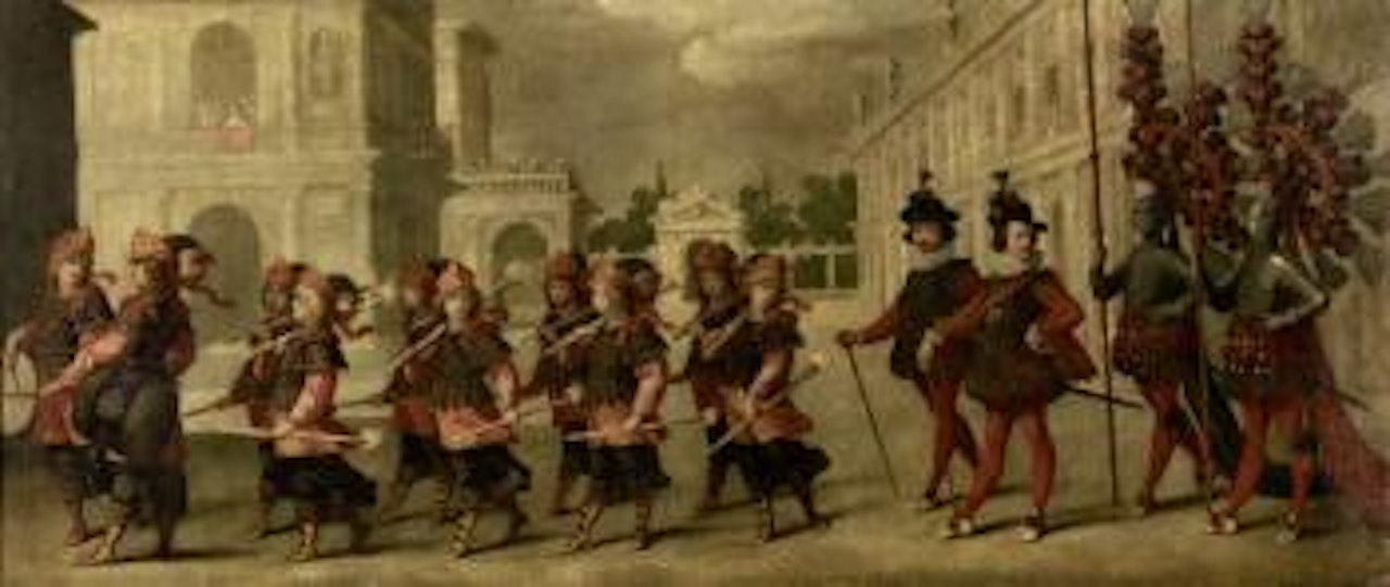 Procession with pages holding torches before two knights by French School